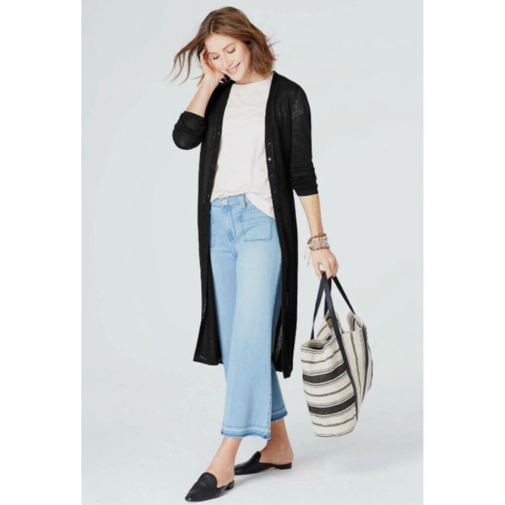 J Jill Linen Open Knit Duster Cardigan Womens Sz S Black Lightweight Lagenlook